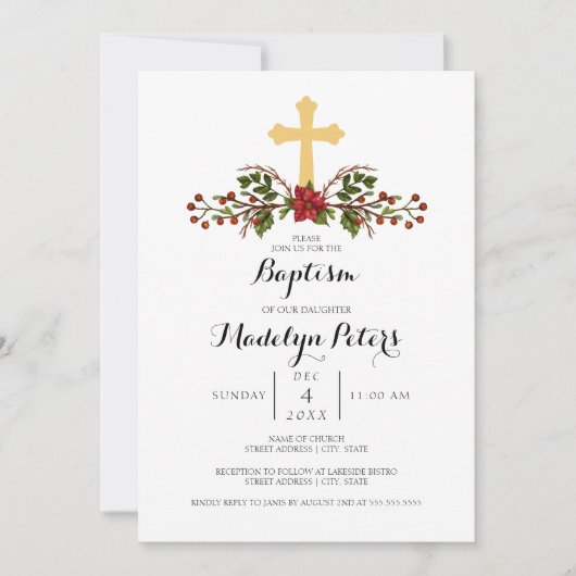 Winterschrei Gold Cross Taufe Einladung (Vorderseite)