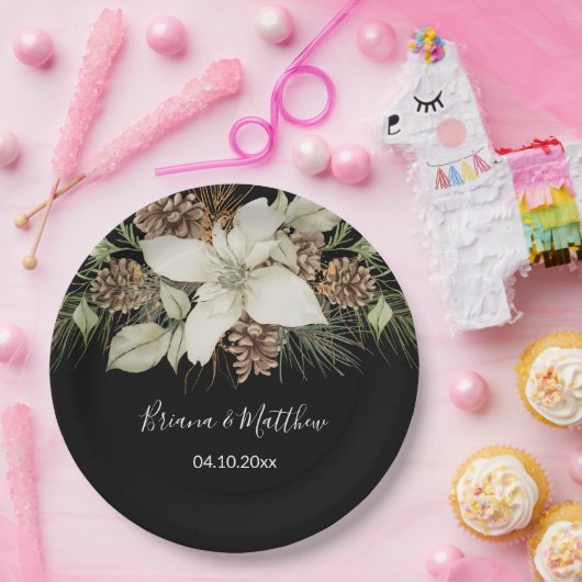 Winterschwarz und Weiß-Elegante Script-Hochzeit Pappteller (Party)