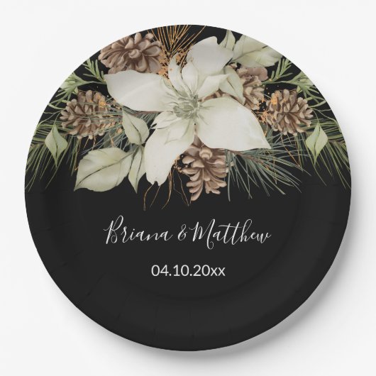 Winterschwarz und Weiß-Elegante Script-Hochzeit Pappteller (Vorderseite)