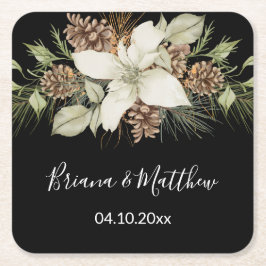 Winterschwarz und Weiß-Elegante Script-Hochzeit Rechteckiger Pappuntersetzer