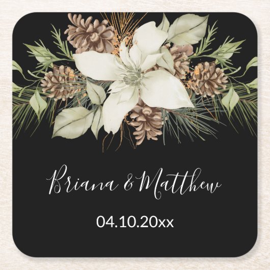 Winterschwarz und Weiß-Elegante Script-Hochzeit Rechteckiger Pappuntersetzer (Vorderseite)