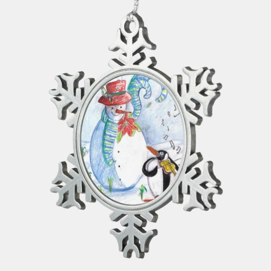 WINTERSERENADE VON SNOWMAN UND PENGUIN SCHNEEFLOCKEN Zinn-Ornament (Rechts)
