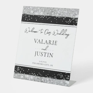 Wintersilber und Schwarzer Glitzer Hochzeitsempfan Sockelschild