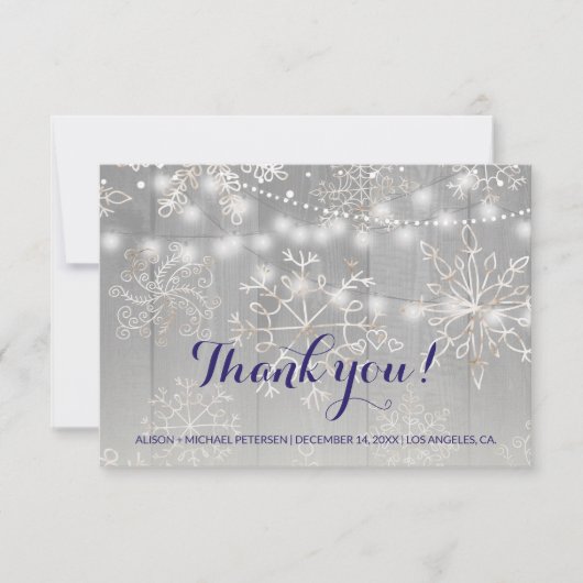 WinterSilberschneeflocken Hochzeit | String Lights Dankeskarte (Vorderseite)