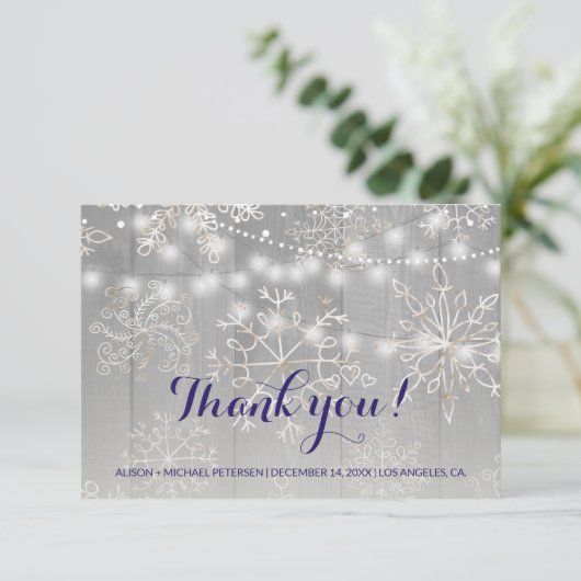 WinterSilberschneeflocken Hochzeit | String Lights Dankeskarte (Stehend Vorderseite)