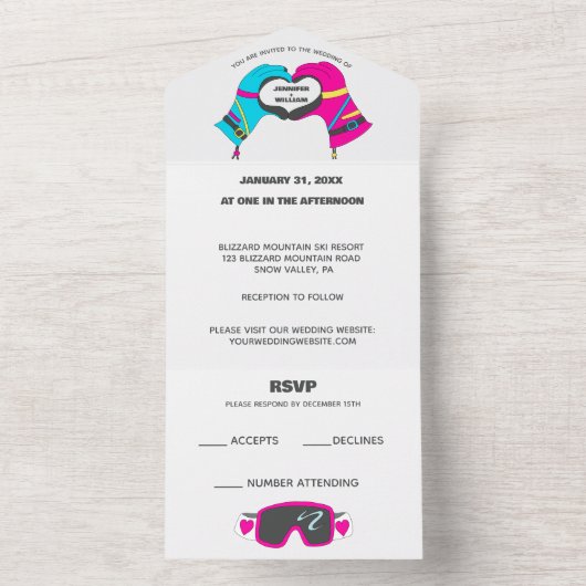 Winterski-Handschuhe in Herzform Hochzeit All In One Einladung (Innen Boden)