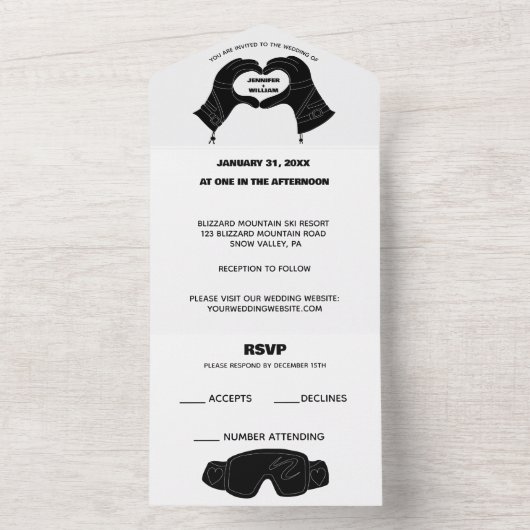 Winterski-Handschuhe in Herzform Hochzeit All In One Einladung (Innen Boden)