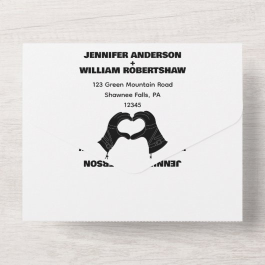 Winterski-Handschuhe in Herzform Hochzeit All In One Einladung (Rückseite)