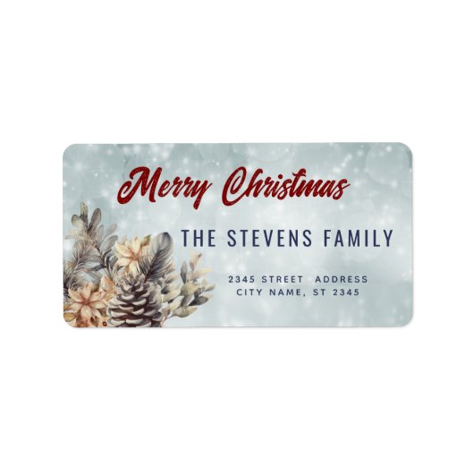 Winterskript Frohe Weihnachtskiefern Blumenkogel Adressaufkleber (Vorne)