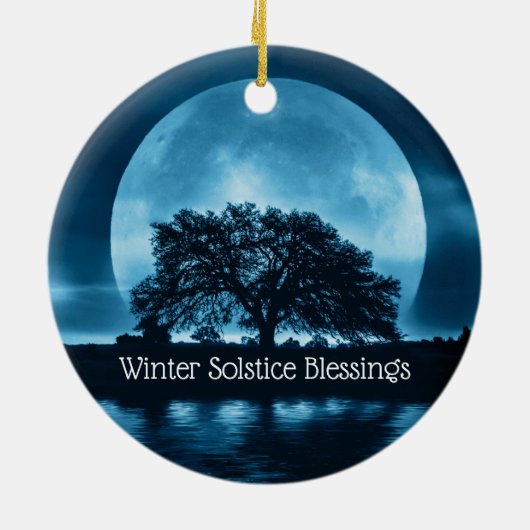 Wintersolstice Eichenbaum und großer Vollmond Keramik Ornament (Hinten)