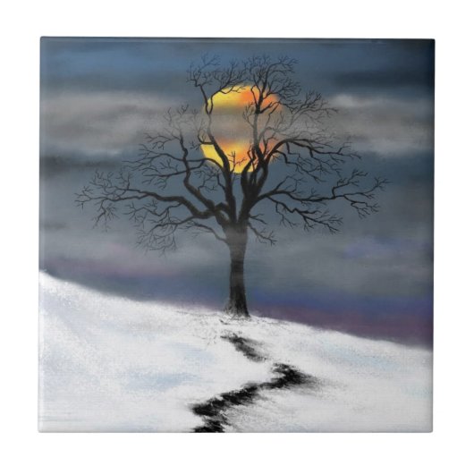 Wintersonnenuntergang Keramik Tile Painting Fliese (Vorderseite)