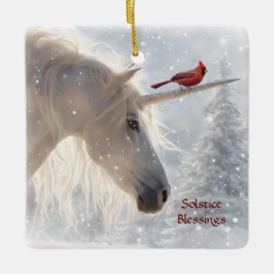 Wintersonnenwende Yule Einhorn Schnee Keramikornament