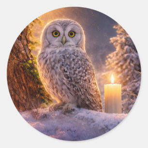 Wintersonnenwende Yule Eule und Kerze Schnee Runder Aufkleber