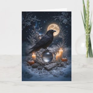 Wintersonnenwende Yule mit Rabe Schnee Kristall Karte
