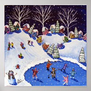 Winterspass Eis Skater Kinder Schlittenvolk Kunst Poster