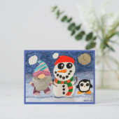 Winterspass mit Gnome, Snowman und Pinguin Postkarte (Stehend Vorderseite)