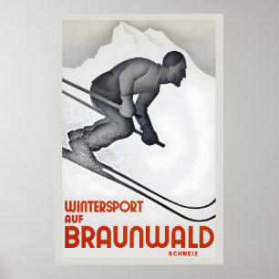 Wintersport in Braunwald Schweiz Vintage-Ski Poster