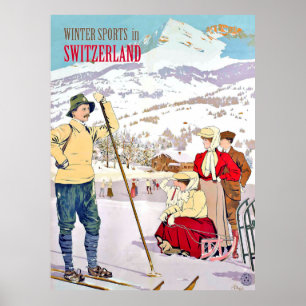 Wintersport in der Schweiz, Vintage-Reise Poster