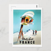 Wintersport in Frankreich, kleiner Vogel auf ihrer Postkarte (Vorne/Hinten)