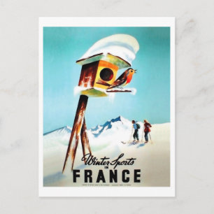 Wintersport in Frankreich, kleiner Vogel in ihrem Postkarte