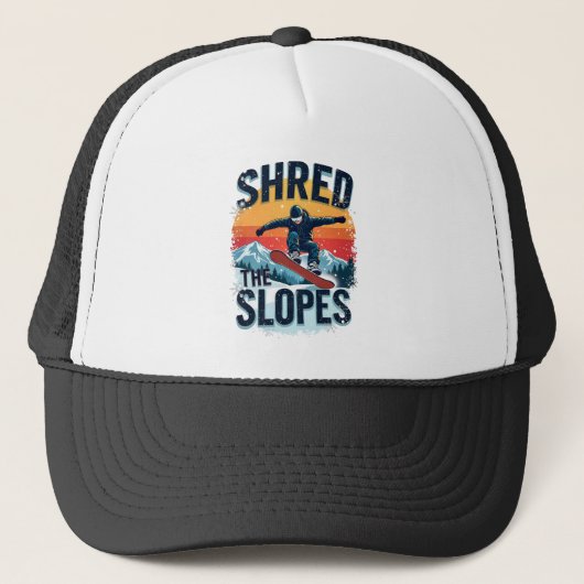 Wintersportdesign - "Shred the Slopes" Snowboarder Truckerkappe (Vorderseite)
