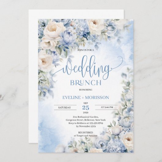 Winterstaubblauer und Elfenbein-Blume Hochzeitsbru Einladung (Vorne/Hinten)