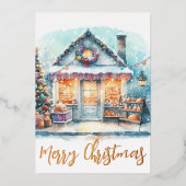 Winterszene Frohe Weihnachten Gold Folien Feiertagskarte (Vorderseite)