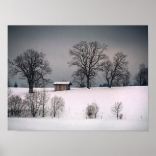 Winterszene, Hügel und Bäume, Hütte Poster