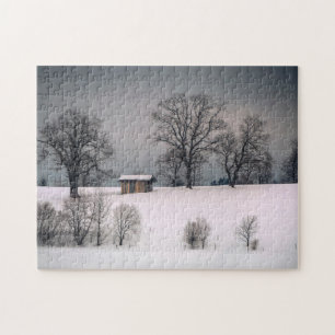 Winterszene, Hügel und Bäume, Hütte Puzzle