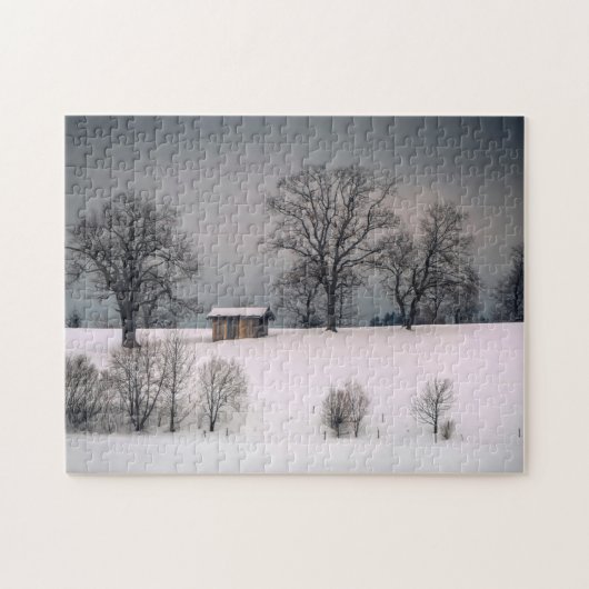 Winterszene, Hügel und Bäume, Hütte Puzzle (Horizontal)