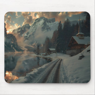 Winterszene mit Gebäude aus Holz Mousepad