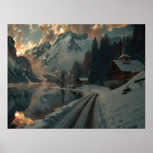 Winterszene mit Gebäude aus Holz Poster (Vorne)
