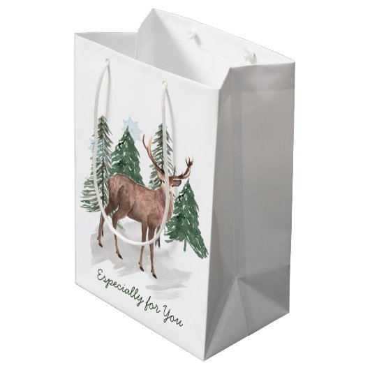 Winterszene mit Kiefern und Weihnachten im Dez Mittlere Geschenktüte (Rückseite Schrägansicht)