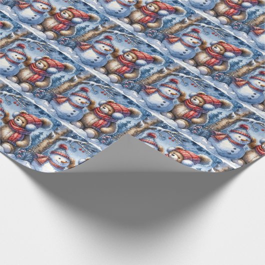 Winterteddybär mit Schneemann Geschenkpapier (Ecke)