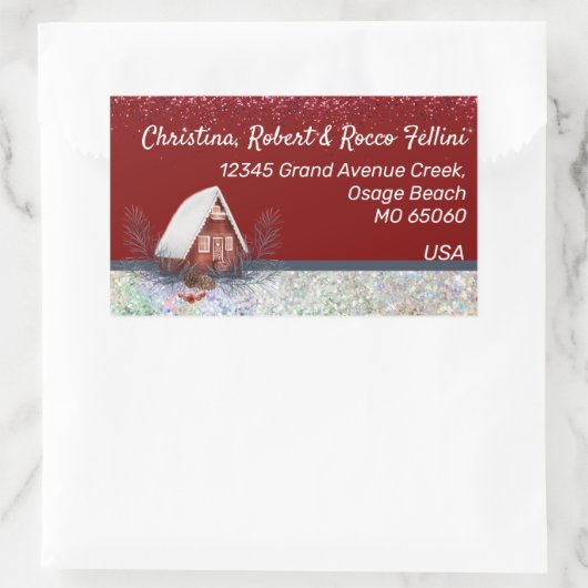 Winterthemenschneehaus auf rotem Brauch Rechteckiger Aufkleber (Tasche)