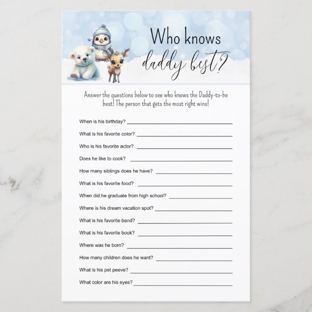 Wintertiere füllen die Blanks Game Baby Shower (Vorderseite)