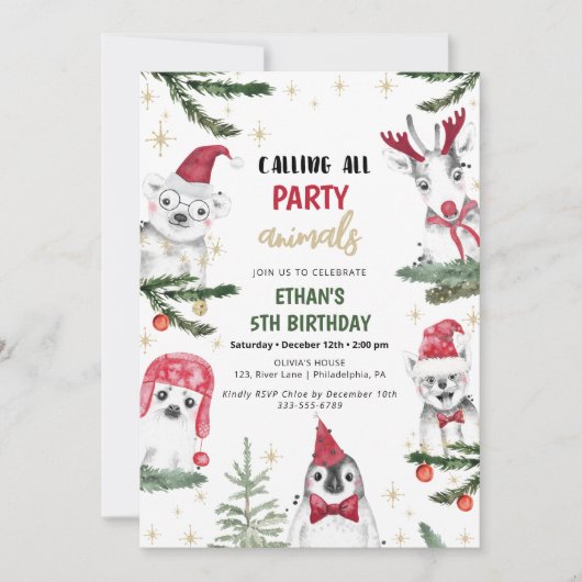 Wintertiere Geburtstag Weihnachtsfest Funny Einladung (Vorderseite)