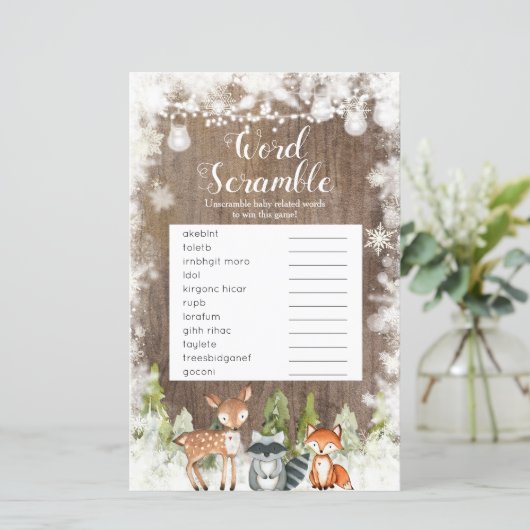 Wintertiere Holzschneeflocken Word Scramble (Stehend Vorderseite)