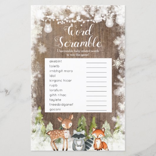 Wintertiere Holzschneeflocken Word Scramble (Vorderseite)