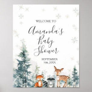Wintertiere Schneeflocken Kinderdusche Willkommen Poster