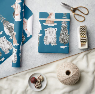 Wintertiere Türkis Babyparty Geschenkpapier