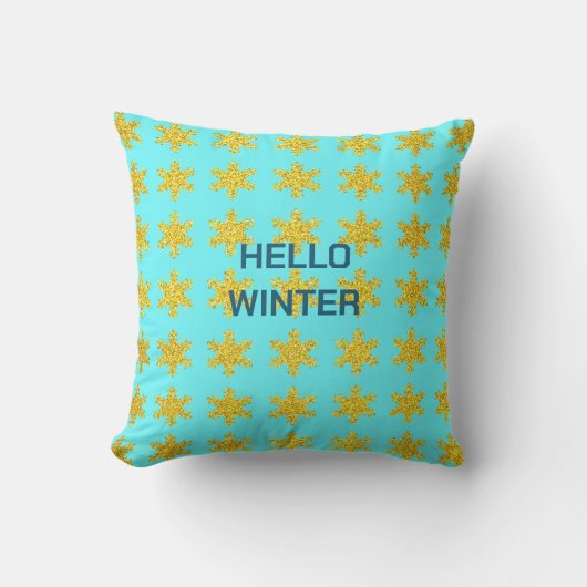 Wintertypografie-Muster Snowflake Gold Blue Kissen (Vorderseite)