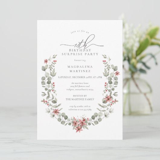 Winterüberraschung Party Greenery 18. Geburtstag Einladung (Stehend Vorderseite)