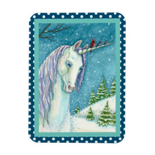 WINTERUNICORN UND VÖGEL, FRIEDLICHE SCHNEELANDSCHA MAGNET