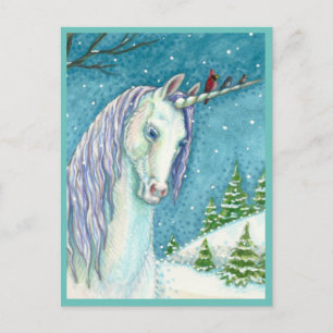 WINTERUNICORN UND VÖGEL, FRIEDLICHE SCHNEELANDSCHA POSTKARTE