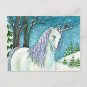 WINTERUNICORN UND VÖGEL, FRIEDLICHE SCHNEELANDSCHA POSTKARTE