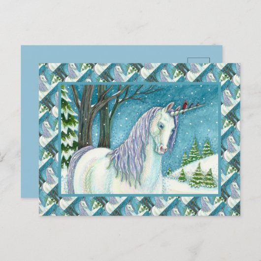 WINTERUNICORN UND VÖGEL, FRIEDLICHER SCHNEEVERKEHR POSTKARTE (Vorne/Hinten)