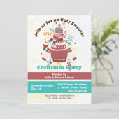 Winterurlaub Funny Ugly Sweater Christmas Party Einladung (Stehend Vorderseite)