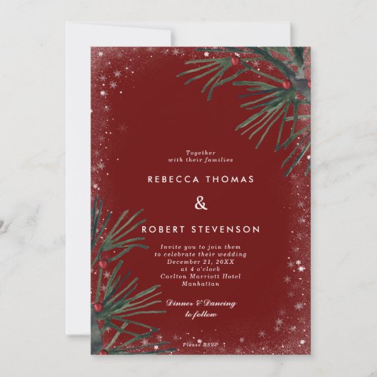 Winterurlaub Glitzer Kiefernbeere Hochzeit Einladung (Vorderseite)