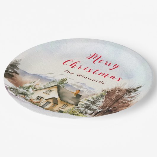 Winterurlaub Hütte Frohe Weihnachten Pappteller (Schrägansicht)